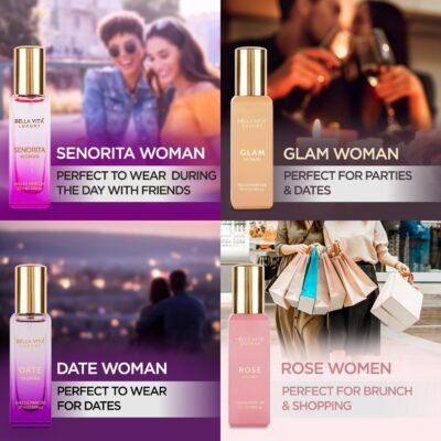 Bella Vita Luxury Long Lasting Women Gift Set | Perfume for Woman | 4x20ml | Gifts for Women | Floral, Fruity, Premium Fragrance Scent | Date, Senorita, Glam, Rose